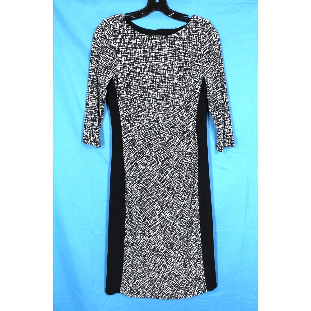 LAUREN RALPH LAUREN Black/White RUCHED SIDES 3/4 Sleeves MIDI SHEATH DRESS 6